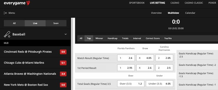 Odds display from Everygame, a major player in Florida online sportsbooks.